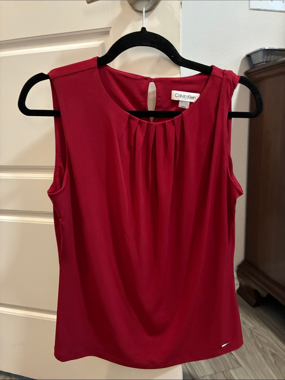 Calvin Klein Red Sleeveless Pleated Neck Camisole